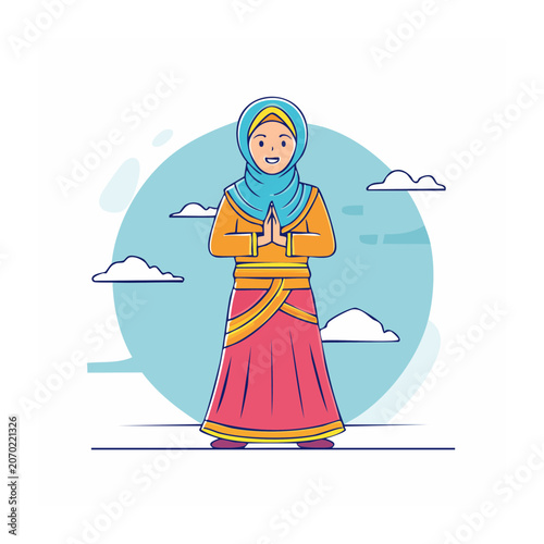 Woman in hijab praying in flat vector style