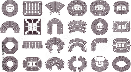 Stadium seating blocks architectural overhead templates exhibiting section layouts circular rectangular fan shaped aisles entrance stairways vip box footprint