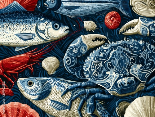 Decorative seafood pattern featuring crabs, fish and shells, seamless vector artwork 