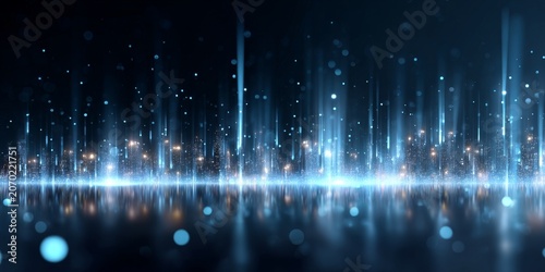 Blue light pillars shimmering over reflective surface at horizon
