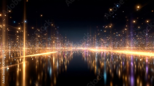 Golden light columns reflecting across mirrored dark horizon