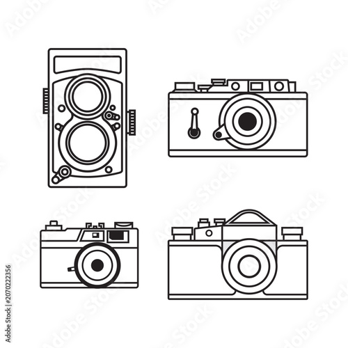 Vector retro cameras icons. Flat illustration of film retro cameras set isolated on white background. Icon vector illustration sign symbol.