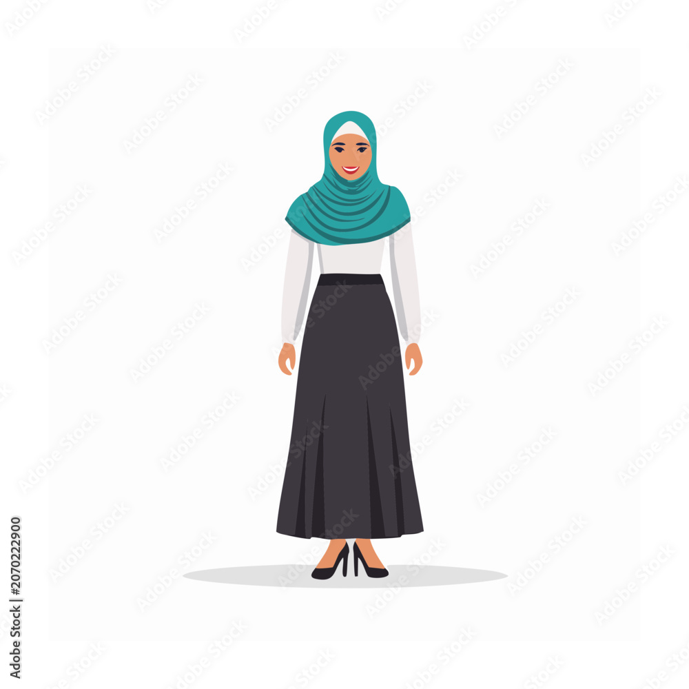 Naklejka premium Woman in teal hijab and long black skirt, flat vector illustration