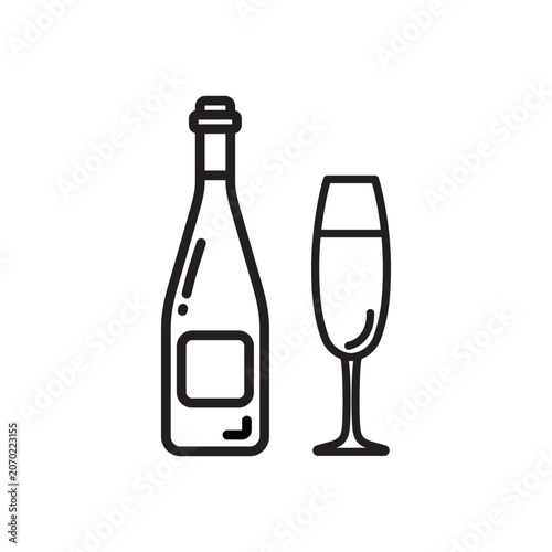 Vector champagne bottle with glass icon. Flat illustration of champagne isolated on white background. Icon vector illustration sign symbol.
