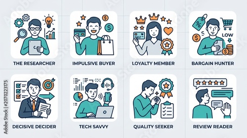 Illustrated Customer Buyer Persona Icons With Labels on Light Gray Background