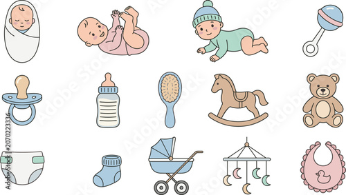 Cute Baby Vector Icon Set Featuring Newborn Infant Characters, Rattles, Pacifiers, Bottles, Rocking Horse, Teddy Bear, and Stroller for Nursery Graphic Designs