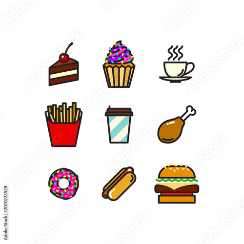 Vector fast food icon set. Flat illustration of fast food icon set isolated on white background. Icon vector illustration sign symbol.