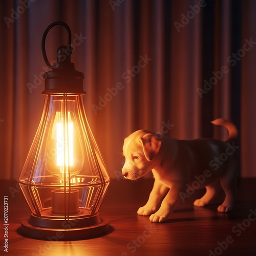 Adorable Puppy Gazes at Warm Lamp in Cozy Room.