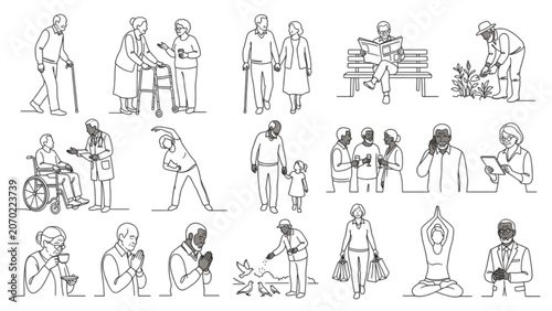 Obraz na płótnie Premium Senior Citizen Line Art Collection | Elderly Lifestyle One-Line Figure L