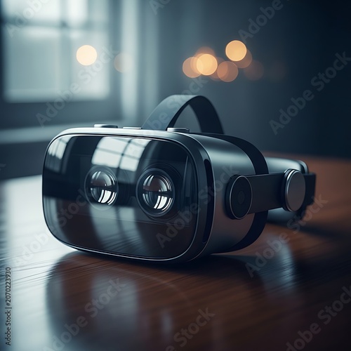 Immersive Virtual Reality Headset on Wooden Table in Dim Room Lighting.