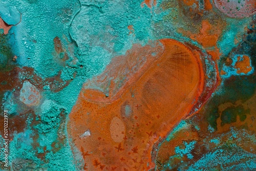 Obraz na plátně Abstract oxidized copper texture with turquoise patina, vivid orange metal and natural corrosion patterns