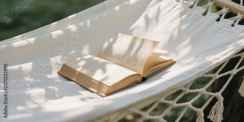 Open vintage book laid on white tassel linen hammock, dappled tree shadow soft light, lazy healing outdoor reading still life photography material