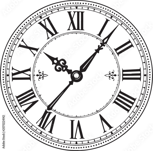 Create of White Vintage clock Face with Roman numerals and retro hands. Victorian clock dial with hands and Roman numbers. Vector illustration