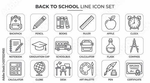 Minimalist Back to School Line Icon Set Featuring Educational Tools and Stationery Elements