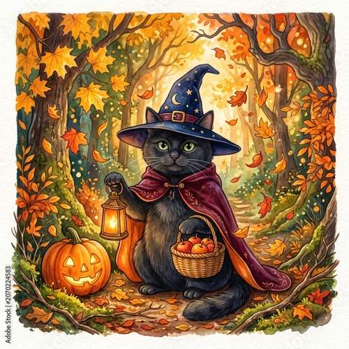 Black cat wearing a witch hat holds a lantern and basket of apples beside a jack-o'-lantern in an autumn forest. Perfect for Halloween, fall, or magical design projects.