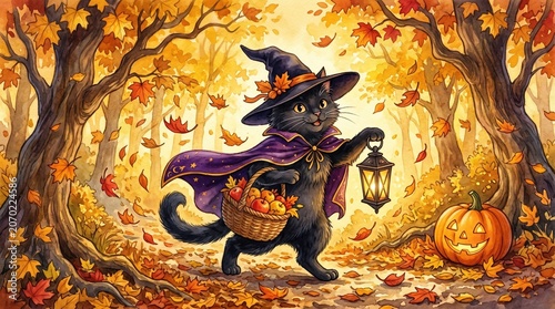 Black cat wearing a witch hat holds a lantern and basket of apples beside a jack-o'-lantern in an autumn forest. Perfect for Halloween, fall, or magical design projects.