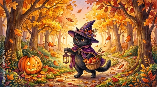 Black cat wearing a witch hat holds a lantern and basket of apples beside a jack-o'-lantern in an autumn forest. Perfect for Halloween, fall, or magical design projects.