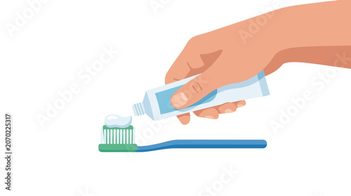 Close up of human hand applying toothpaste from a tube onto a toothbrush for dental hygiene flat design vector illustration.
