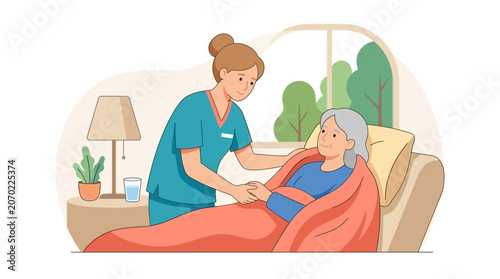 Compassionate nurse providing palliative care to elderly patient in bed at home flat design vector illustration.