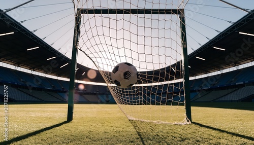 Soccer ball hitting the back of the net during a match with football, athletic