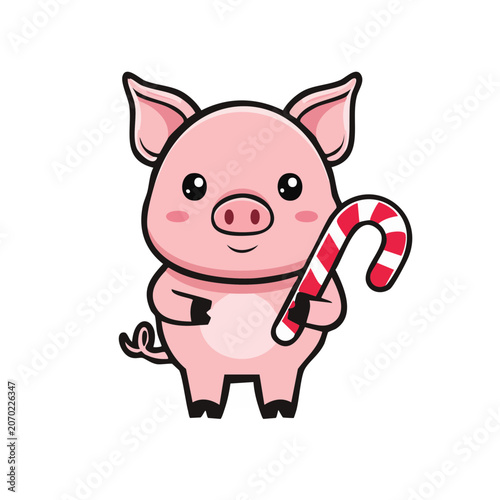 Cute cartoon pig holding a candy cane