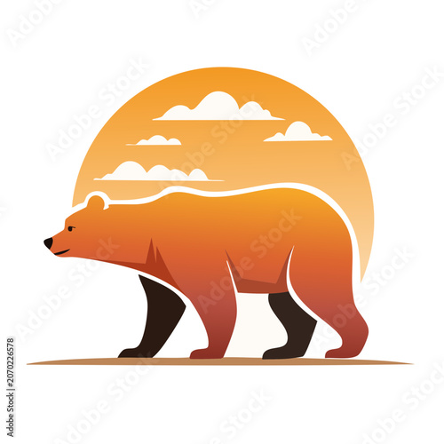 Flat vector illustration of a bear silhouette with sunset