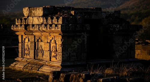 Ancient Carved Stone Temple Ruins at dusk.