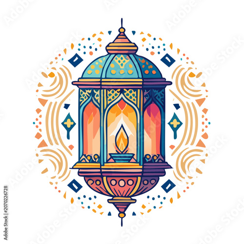 Ornate Islamic lantern with flame and decorative pattern