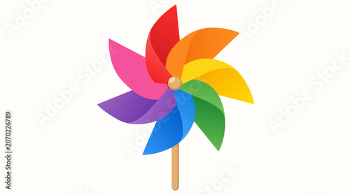A clean flat vector illustration of a bright colorful pinwheel toy spinning in the breeze, suitable for children's event flyers, toy catalog visuals, and summer outdoor activity promotional materials.