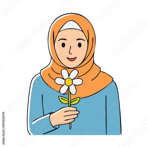 Smiling woman in hijab holding a daisy flower illustration