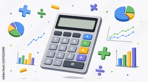 A clean flat vector illustration of a giant calculator surrounded by floating mathematical symbols and charts, ideal for educational posters, finance app icons, and tutoring service branding.