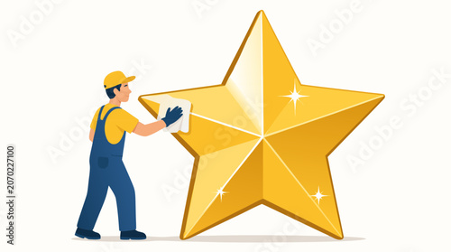 A clean flat vector illustration of a worker in overalls carefully polishing a massive shiny golden star against a light background, perfect for quality assurance brand messaging, service excellence c
