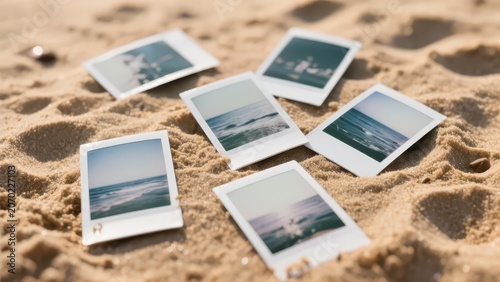 Multiple seaside polaroid photos scattered on beach sand, warm soft light vintage nostalgic vacation atmospheric still life photography material