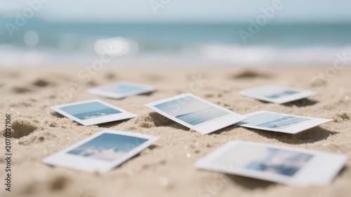 Multiple seaside polaroid photos scattered on beach sand, warm soft light vintage nostalgic vacation atmospheric still life photography material