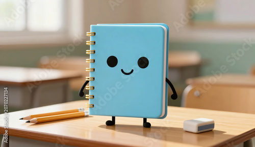 Cute blue notebook character standing on a school desk with pencil case