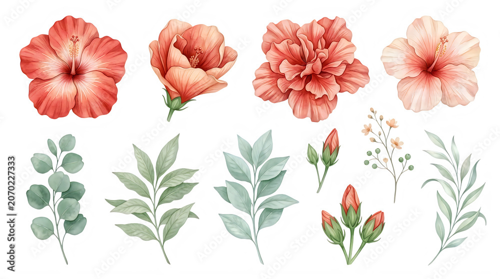 Fototapeta premium Watercolor illustration of pink flowers and green leaves isolated on transparent background