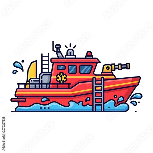 Colorful cartoon boat with passengers on water.
