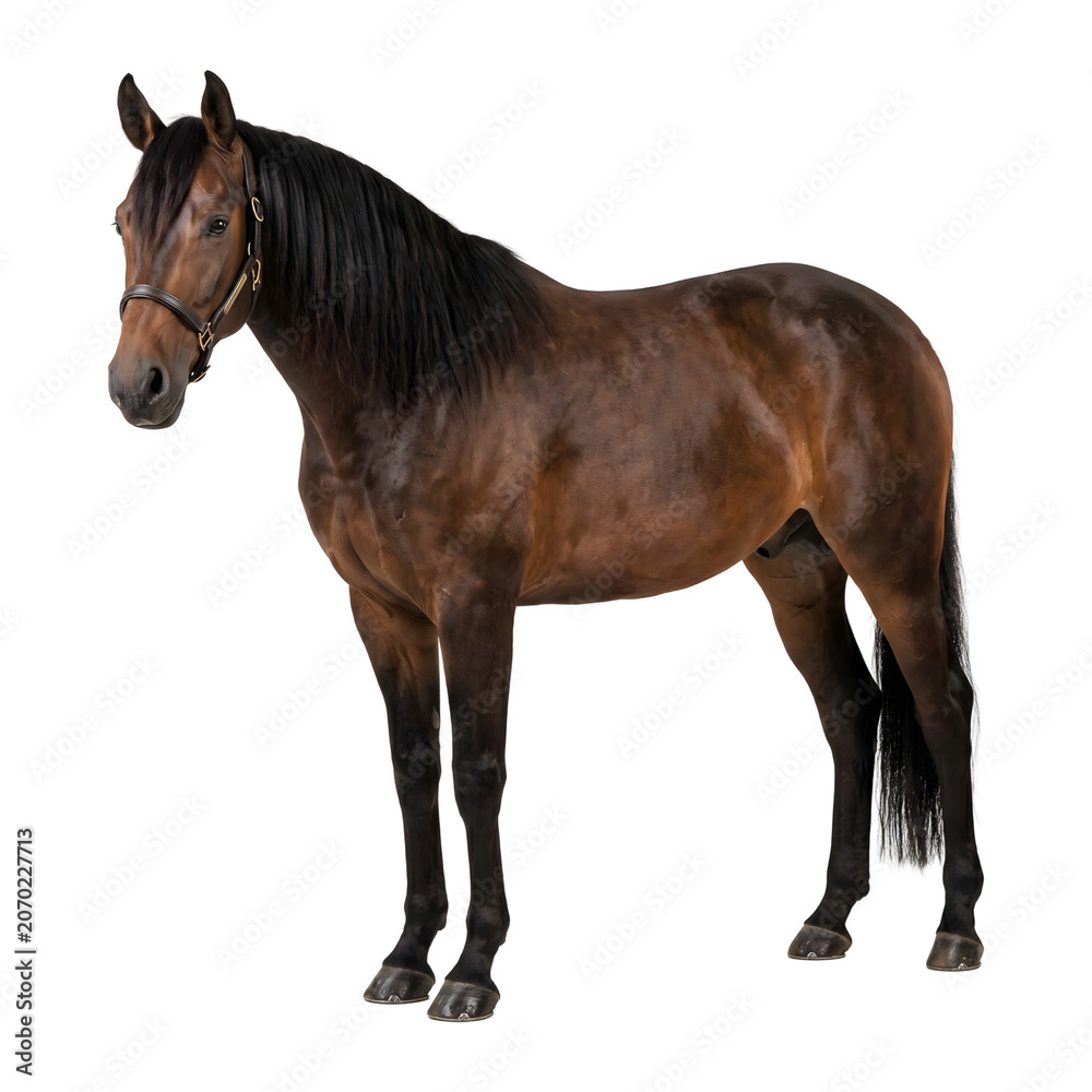Naklejka premium Brown horse standing on white background.