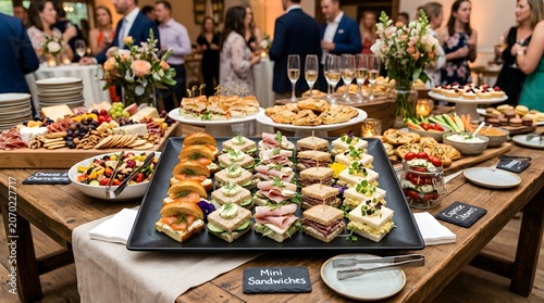 Assorted mini sandwiches and finger foods served on black platter during catering event with cheese and charcuterie boards in background space.