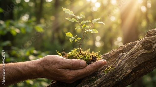 Human hand holding a small plant on a tree branch in sunlight.