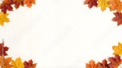 Colorful autumn leaves forming a decorative border on white background.