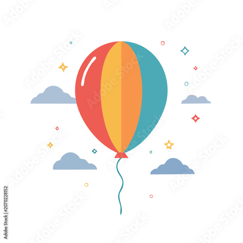 Colorful hot air balloon with clouds and confetti