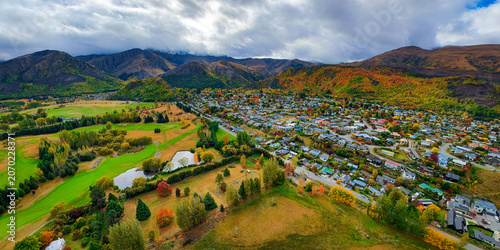 Aerial view of the colourful autumn town, Arrowtown, New Zealand