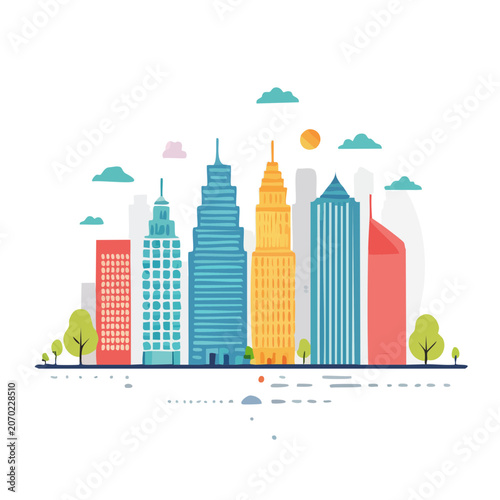 Flat vector illustration of a colorful city skyline