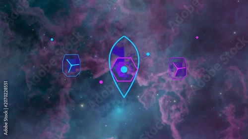 Abstract Neon Geometric Shapes Floating in Deep Space Nebula Background