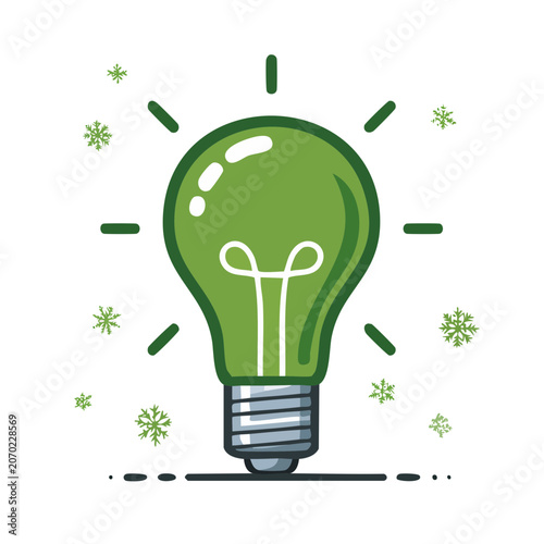 Green light bulb with snowflakes and rays vector illustration