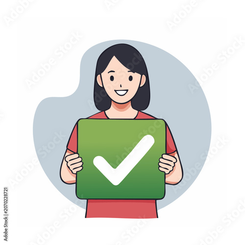 Woman holding green checkmark sign in flat illustration style