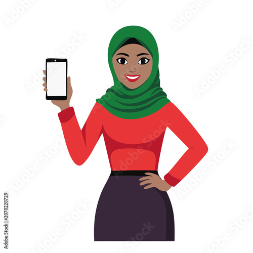 Woman in hijab holding smartphone, flat vector illustration