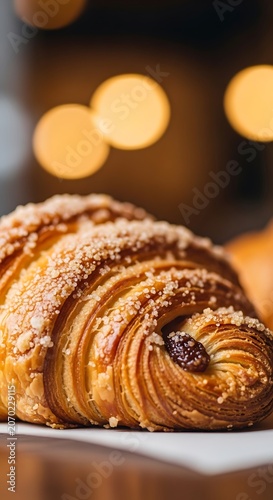 Golden flaky croissant pastry with sugar crystals on table.