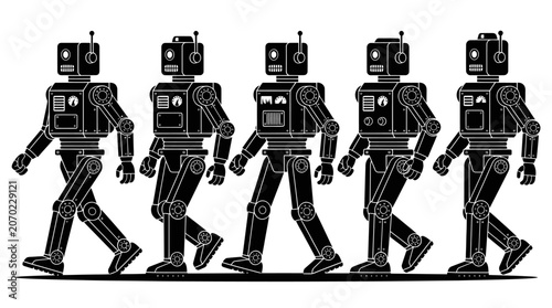 Five identical black robot silhouettes walking in a row.